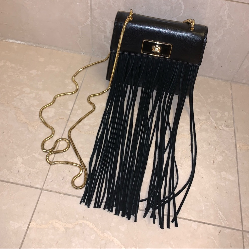 Black Velvet Fringe Gold Strap Bag